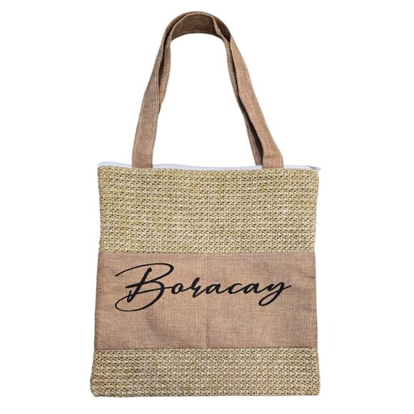 Boracay Island Beach Bag Zippered Burlap Tote With Pockets - Picture 1 of 5